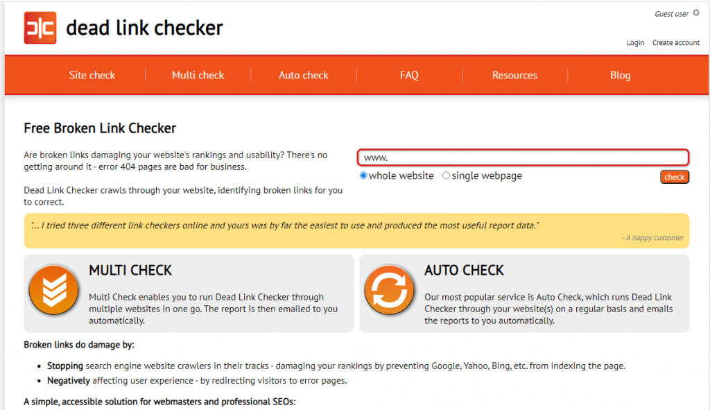Portal web de Dead Link Checker herramientas de eCommerce