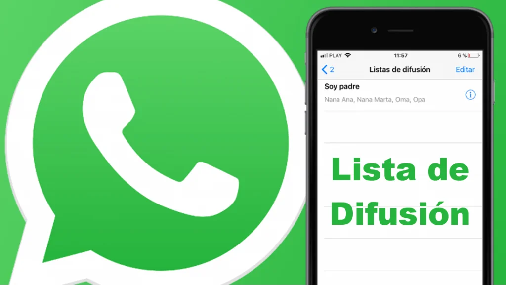 Logo de WhatsApp y móvil con texto de lista de difusión vender por WhatsApp