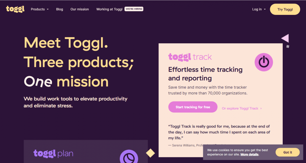 Web de Toggl aplicaciones para negocios