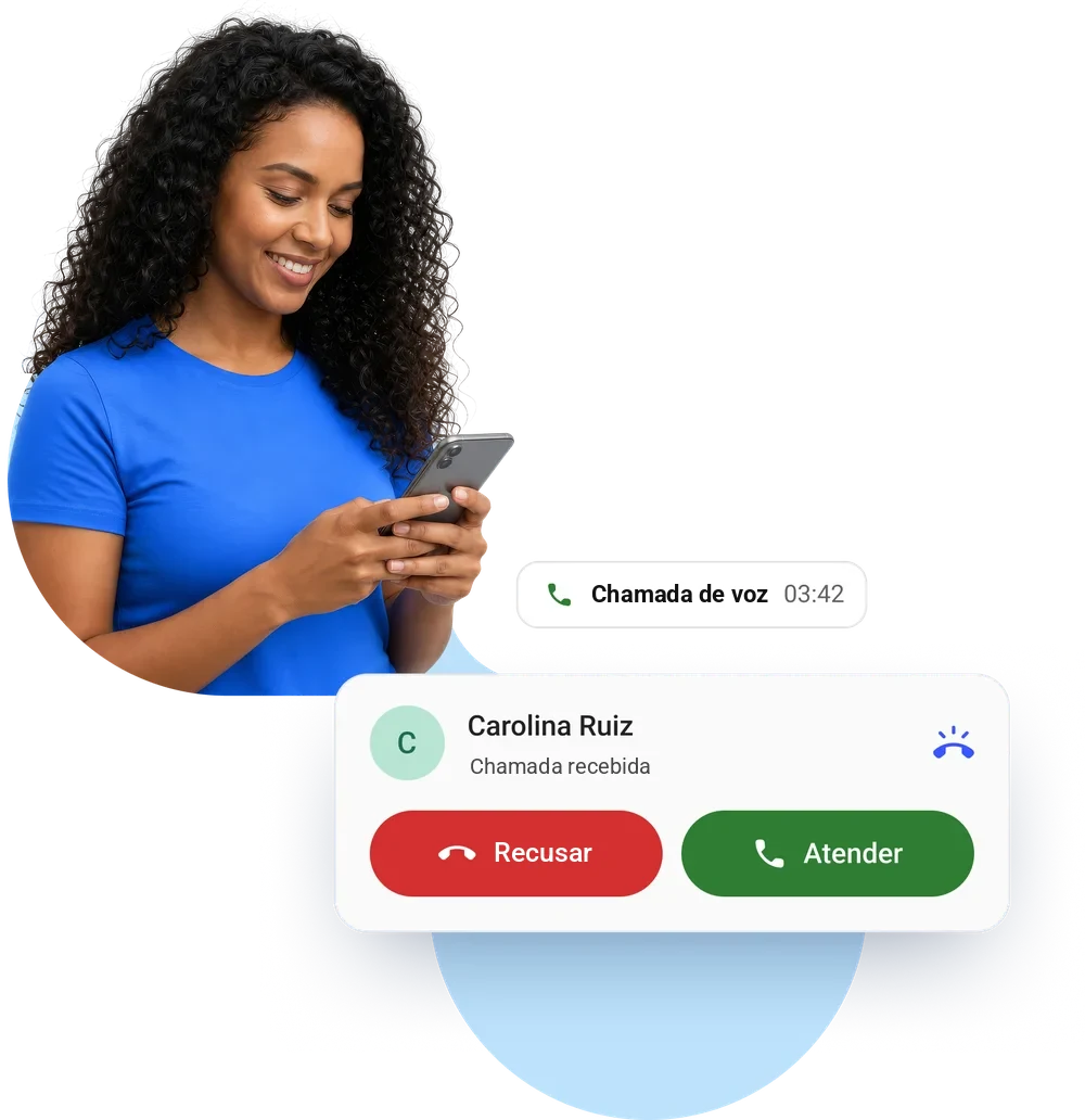 Mulher sorrindo com o celular ao lado de um aviso de chamada recebida do WhatsApp na Whaticket, de Carolina Ruiz, com os botões Recusar e Atender, e uma chamada de voz de 03:42.